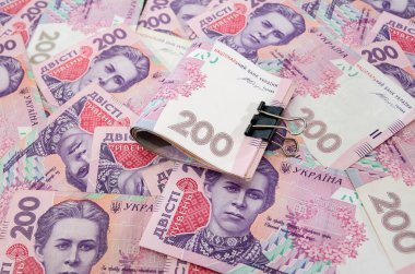 Ukrayna Hryvnia 'sı, para geçmişi. Finansal konsept. Çok para. 200 Hryvnia banknotları