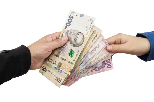 Beyaz bir arka planda izole edilmiş notları olan iki iş kadını eli. Yozlaşma kavramı. Aşağı yukarı para..