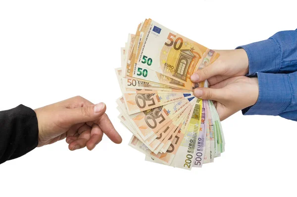 Two Hands Business Women Make Transactions Woman Giving Bunch Euro — Stock Photo, Image