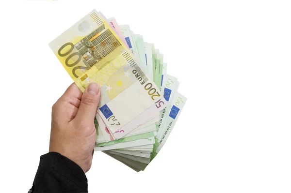 女商人手拿欧元钞票 背景是白色的 腐败的概念 要么给钱要么收钱空间的复制 — 图库照片