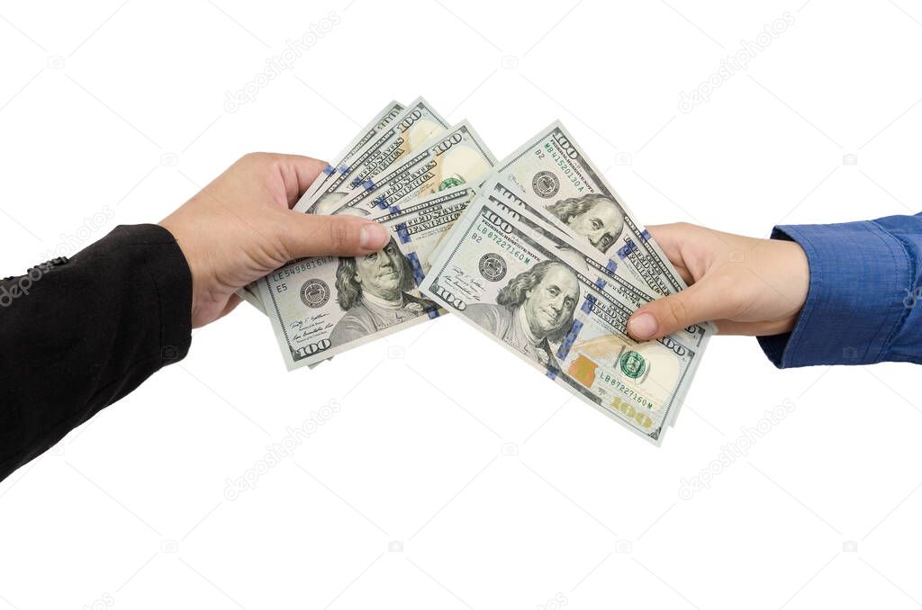 Hand giving money to other hands isolated on white.Two hands of business women make transactions.Dollars in the hands of business women