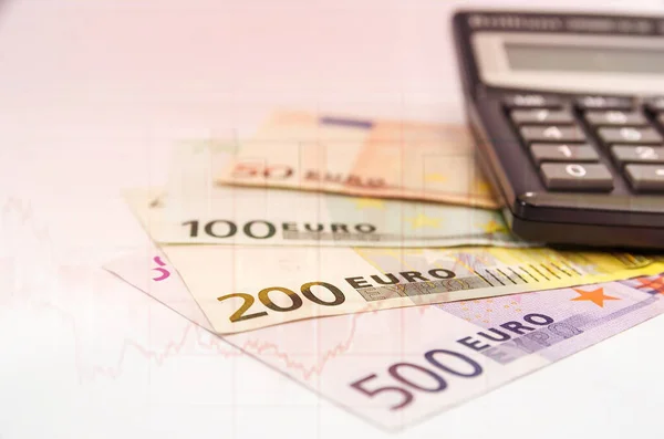 Diverse Banconote Euro Calcolatrice Grafico Aziendale Immagine Tonica Concetto Finanziario — Foto Stock