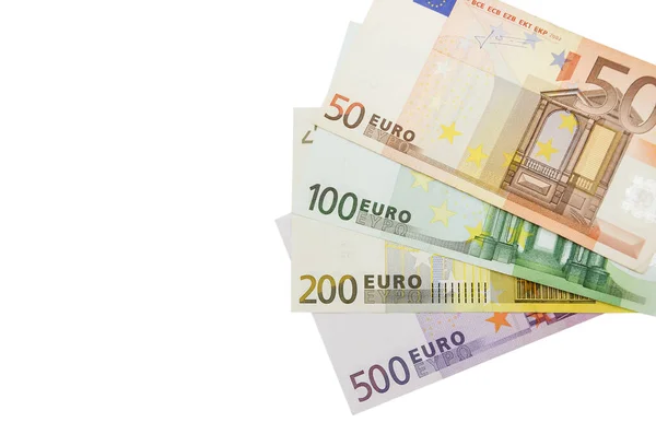 Euro Banknotes Different Denomination Coins Isolated Copy Space — Stock Photo, Image
