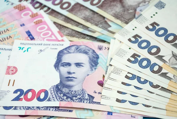 Notas Novas 200 500 1000 Fundo Com Hryvnia Dinheiro Ucraniano — Fotografia de Stock