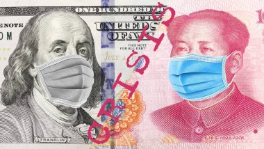 Amerikan ve Çin ekonomilerinde küresel ekonomik kriz. 100 Amerikan Doları ve 100 Çin Yuan 'ı içeren banknotlar. ABD ve Çin 'deki küresel ekonomik kriz kavramı