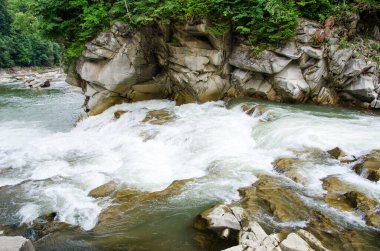 Dağlardaki nehre yakın bir yerde. Orman ve kayalık kıyılar arasında kaynayan su. Ukrayna Karpatları 'nda nehir.