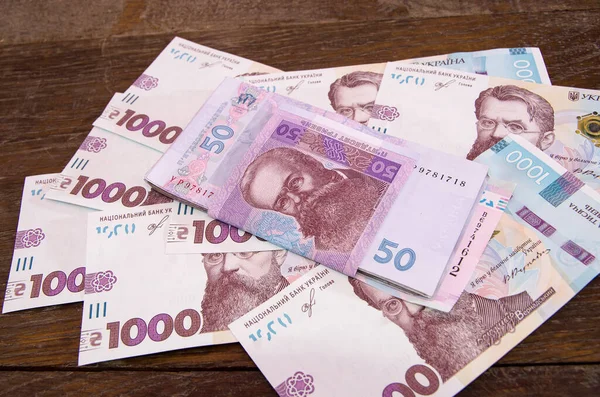 Stack Hryvnia Background 1000 Hryvnia Banknotes Lot Ukrainian Money Wooden — Stock Photo, Image