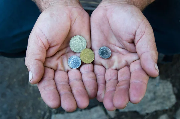 Mature Man Holding Coins His Palms Old Age Poverty Pension — Stock Photo, Image