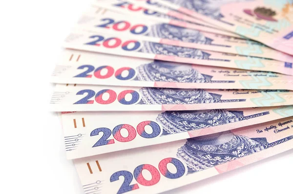 200格里夫尼亚的乌克兰纸币 背景为白色 财务背景 很多钱 — 图库照片
