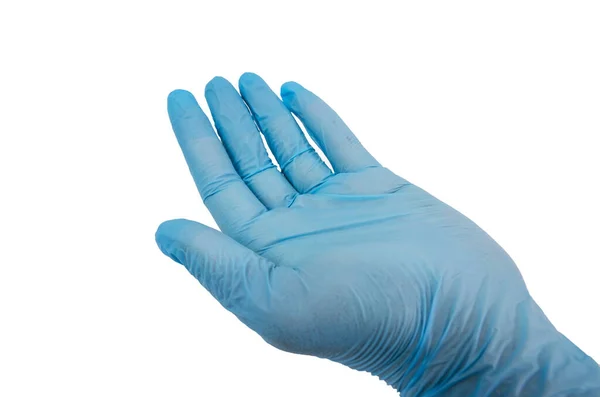 Mano Guantes Médicos Azules Aislado Blanco Mano Del Médico Guantes — Foto de Stock