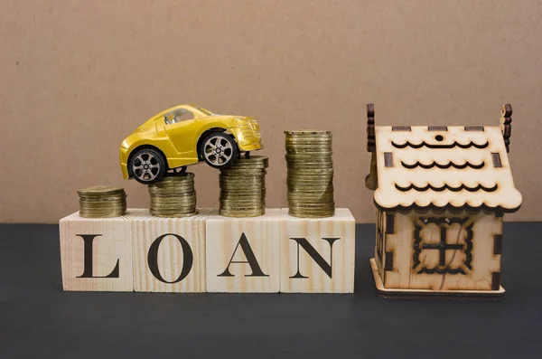 Finance Car Loans Car Savings Mortgages Yellow Car Wooden House — Stock Photo, Image