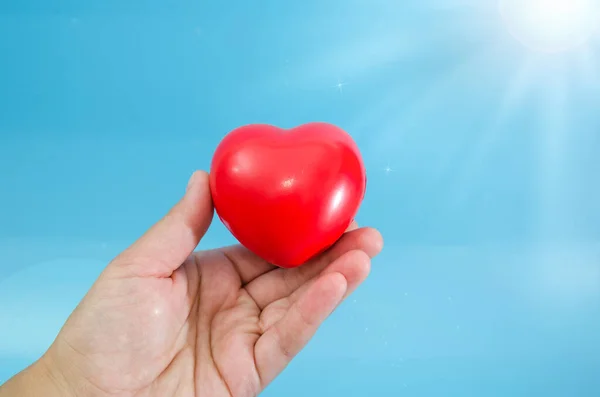 Червоне Серце Жіночій Руці Синьому Фоні Крупним Планом Світло Сонця — стокове фото