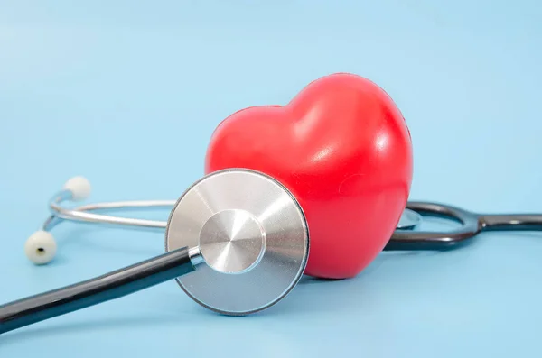 Stethoscope Red Heart Health Care Concept Close Blue Background — Stock Photo, Image