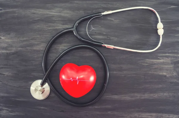 Red Heart Stethoscope Black Background Health Concept — Stock Photo, Image