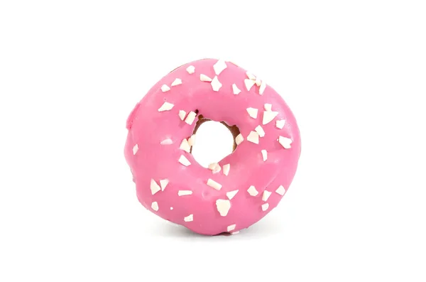 Zoete Donut Roze Glazuur Met Witte Chocolade Besprenkeling Geïsoleerd Witte — Stockfoto