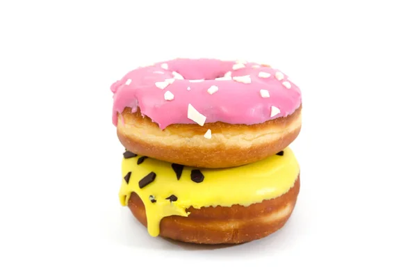 Zwei Süße Donuts Rosa Und Gelber Glasur Und Mit Schokoladenstreuern — Stockfoto