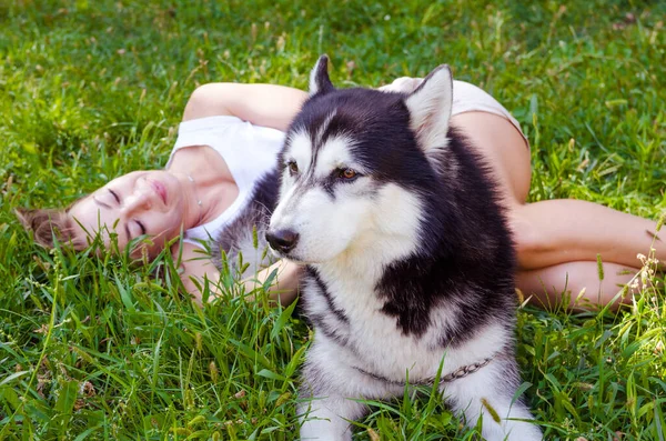 Atractiva Rubia Encuentra Hierba Cerca Del Perro Parque — Foto de Stock