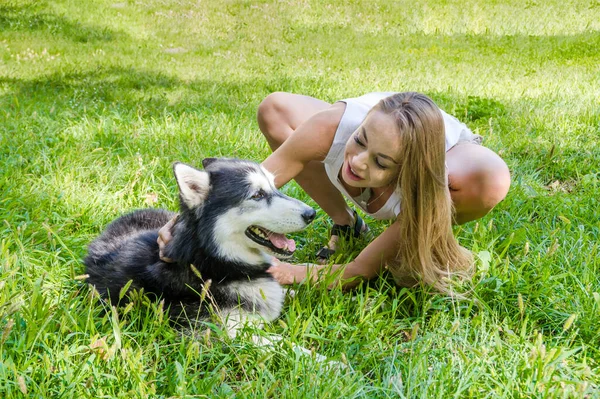 Atractiva Rubia Abraza Perro Parque — Foto de Stock