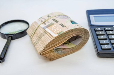 Hesap makinesi ve büyüteçle bir yığın Hryvnias. Mali konsept.