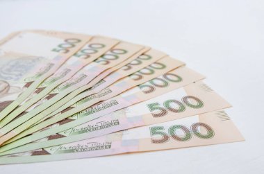 Çok güzel katlanmış Hryvnia banknotları. Beyaz ahşap arka plan. 500 Hryvnia. Mali konsept.