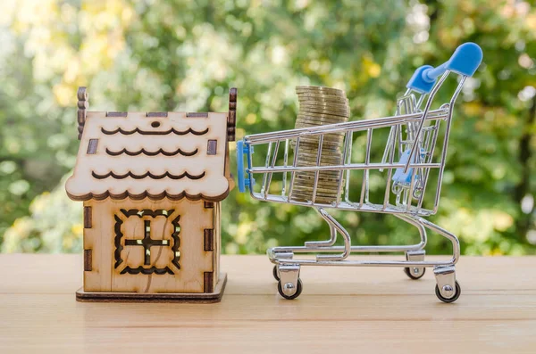 新しい家や住宅 コンセプトを購入する おもちゃのショッピングカート付きの木造住宅の小さなモデル — ストック写真