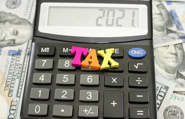 Mot Taxe Sur Calculatrice 2021 Sur Tableau Bord Gros Plan — Photo
