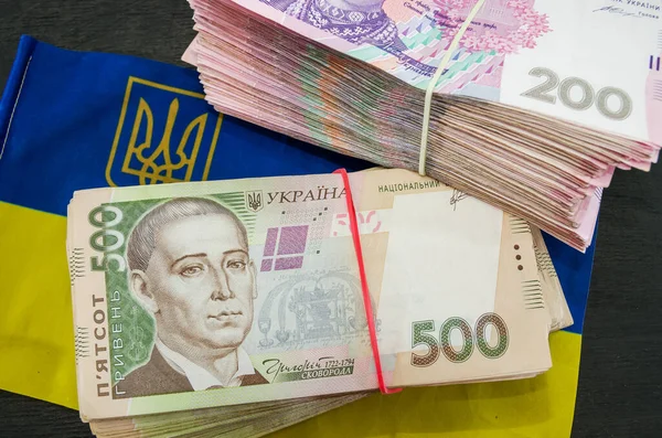 Buntar Hryvnia Och Ukrainas Flagga Ukrainska Pengar 200 Och 500 — Stockfoto