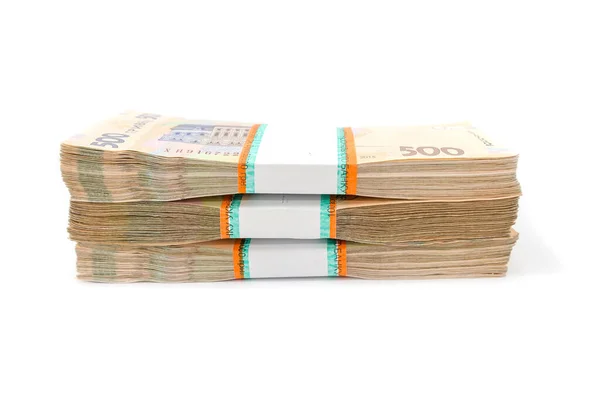 Three Bundles Hryvnia White Background Ukrainian Money Face Value 500 — Stock Photo, Image