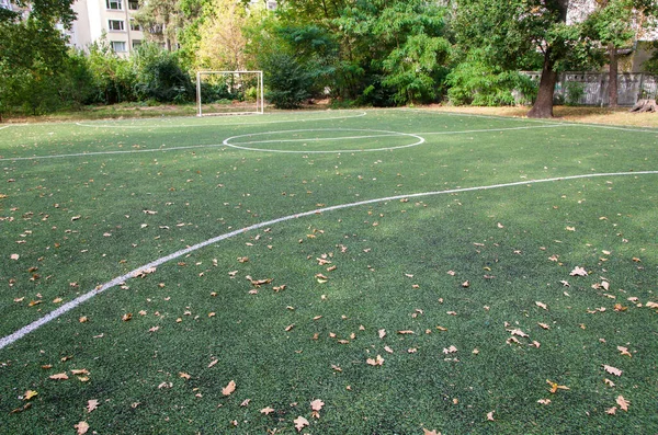 small football field. Autumn time.One goal and part of a football field. Yellow leaves on the field