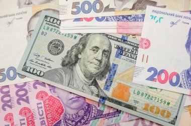 100 Amerikan doları ve 200, 500 Ukrayna Hrivnia banknotu. Hryvnia 'nın dolara oranı. Değişim oranları.