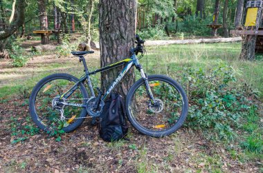 Kiev, Ukrayna, Ekim-11-2020: Ağaçların yanındaki ormanda sırt çantalı bisiklet.