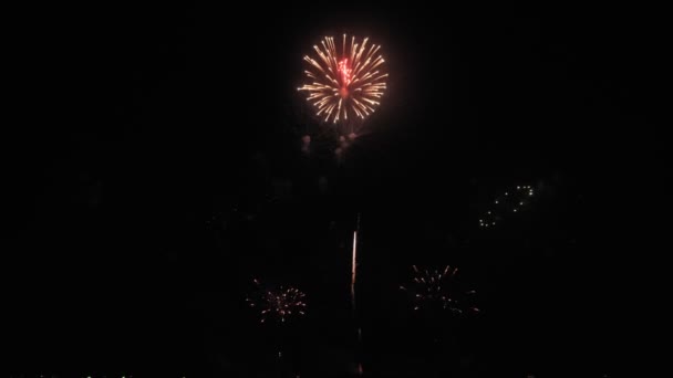 Golden Big Shiny Fireworks Bokeh Lights Night Sky Glowing Firework — Stock Video