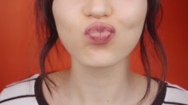 Young Brunette Girl Gorgeous Lips Bright Red Background Happy Woman — Stock Video