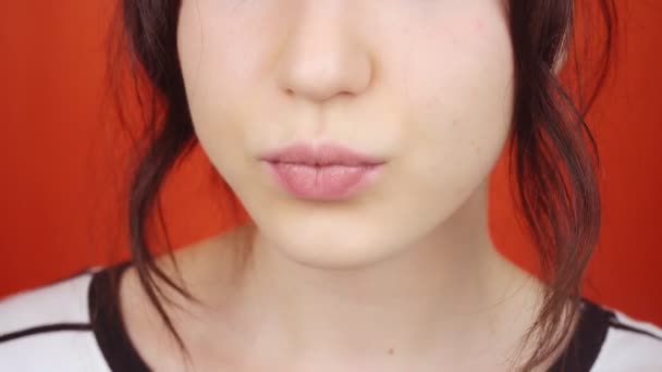 Woman Lipstick Makeup Eats Yogurt Spoon Brunette Woman Bright Red — Stock Video