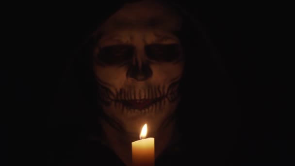 Makeup Skelett För Halloween Man Skelett Det Dunkla Ljuset Ett — Stockvideo