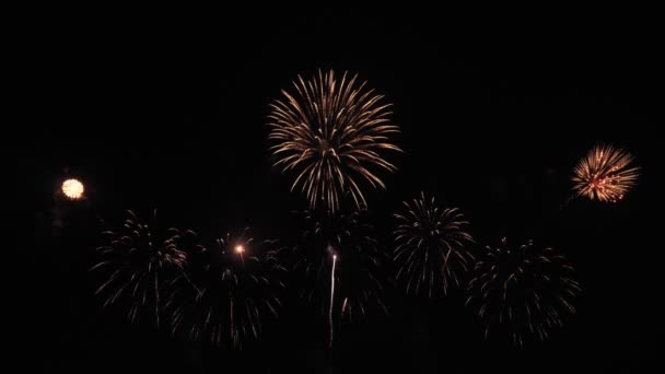 Grandes Fuegos Artificiales Brillantes Dorados Con Luces Bokeh Cielo Nocturno — Vídeo de stock