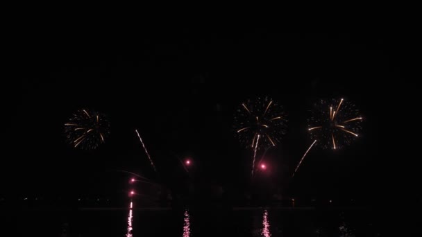 Grandes Fuegos Artificiales Brillantes Dorados Con Luces Bokeh Cielo Nocturno — Vídeo de stock