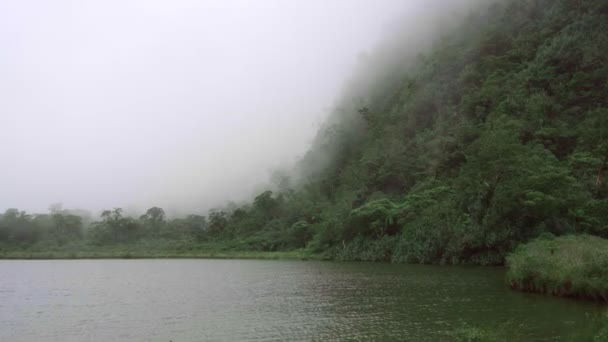 Lago Montaña Fuerte Niebla Amanecer Niebla Gruesa Selva Tropical Salvaje — Vídeos de Stock