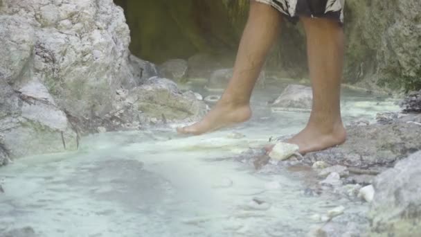 Man Walks Stones Geothermal Springs Natural Sulfur Baths Nature Close — Stock Video