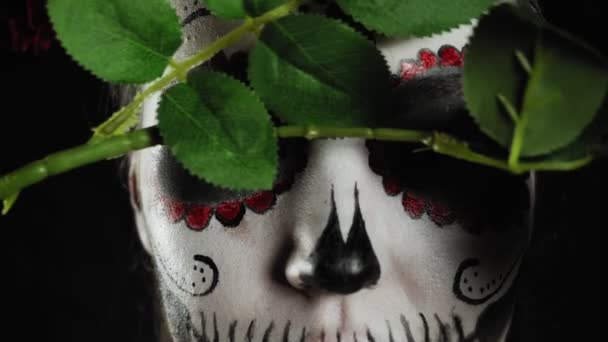 Halloween Giorno Dei Morti Ritratto Giovane Donna Con Trucco Calavera — Video Stock