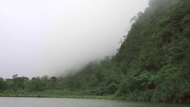 Lago Montaña Fuerte Niebla Amanecer Niebla Gruesa Selva Tropical Salvaje — Vídeo de stock