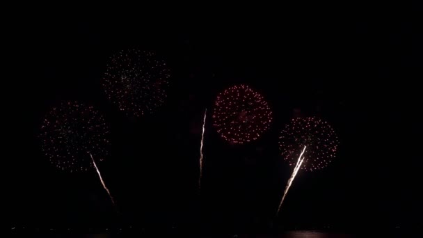 Grandes Fuegos Artificiales Brillantes Dorados Con Luces Bokeh Cielo Nocturno — Vídeo de stock