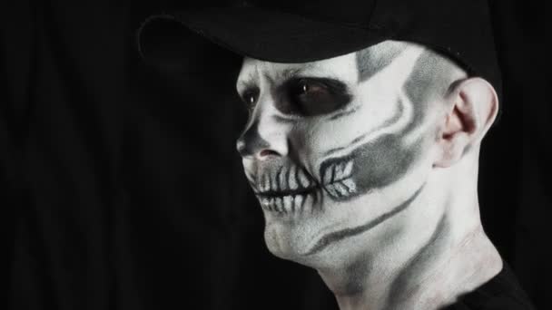 Squelette Maquillage Pour Halloween Squelette Humain Sur Fond Sombre Homme — Video