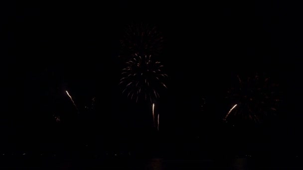 Grandes Fuegos Artificiales Brillantes Dorados Con Luces Bokeh Cielo Nocturno — Vídeos de Stock