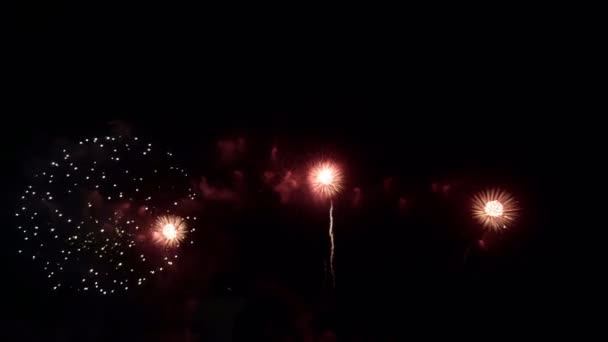 Grandes Fuegos Artificiales Brillantes Dorados Con Luces Bokeh Cielo Nocturno — Vídeo de stock