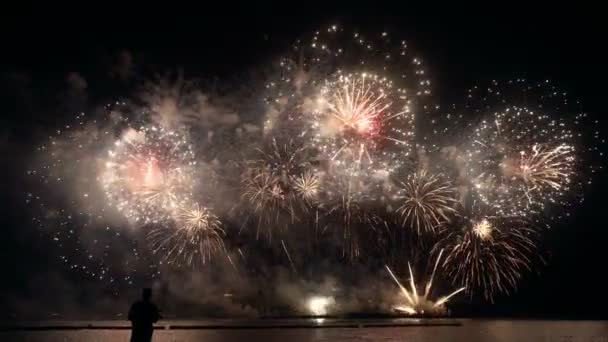 Grandi fuochi d'artificio luccicanti dorati con luci bokeh nel cielo notturno. Fuochi d'artificio incandescenti — Video Stock