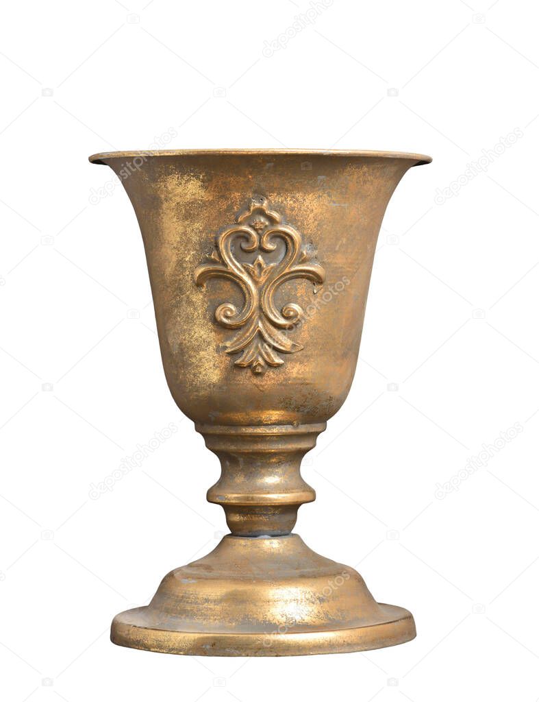 Antique bronze vase with scratches and shabby, isolated on a white background. Home decor