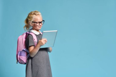 Liseli kız internetten tablet bilgisayarla çalışıyor.