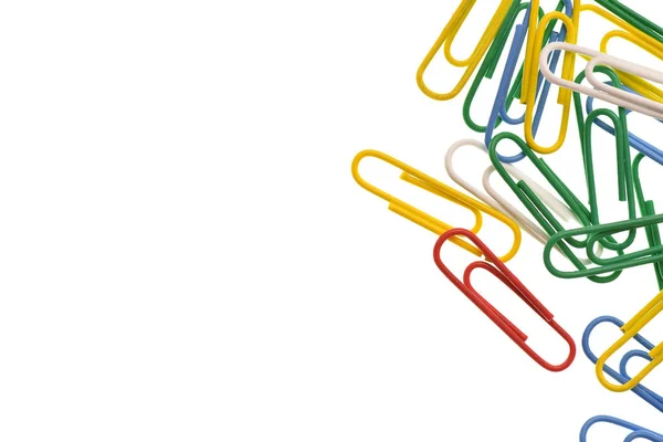 Paper clips of different colors isolated on white background with copy space — Stock Photo, Image