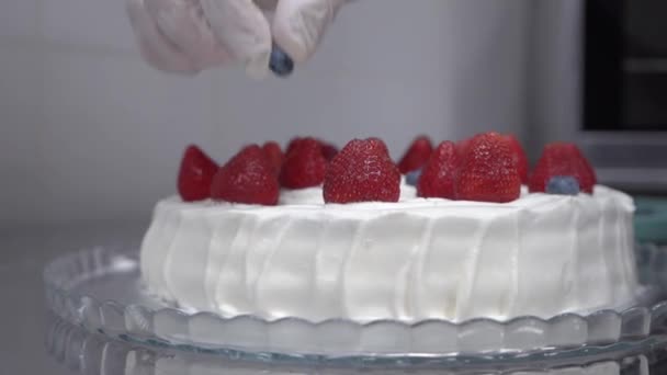 Kuchař v rukavici dává borůvky na smetanový dort — Stock video